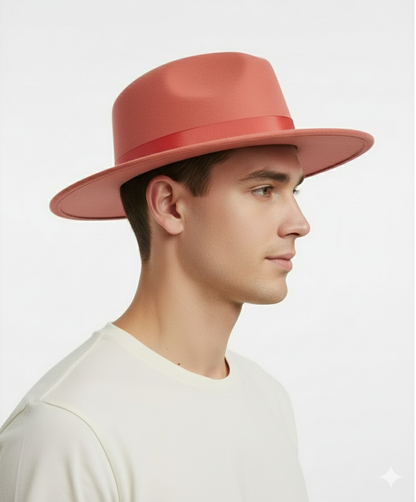 Men’s Coral Pink Wide Brim Fedora Hat – Wool Felt Dress Hat with Red Ribbon Band