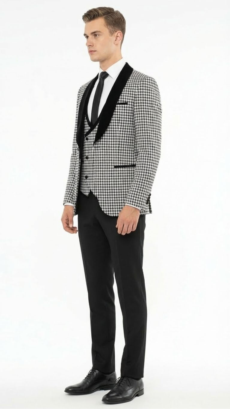 Men’s Black and White Houndstooth Tuxedo Set with Velvet Shawl Lapel | 3-Piece Formal Suit with Black Double-Breasted Vest