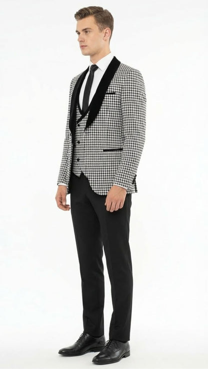 Men’s Black and White Houndstooth Tuxedo Set with Velvet Shawl Lapel | 3-Piece Formal Suit with Black Double-Breasted Vest