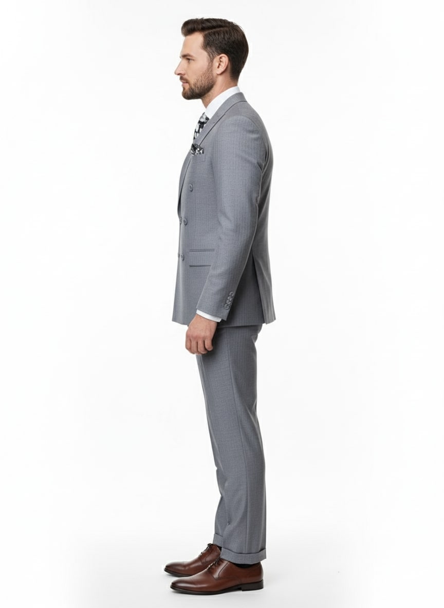 Mens Grey Tone on Tone Double-Breasted Suit – Classic Slim Fit 2 Piece Formal Business Gray Shadow Stripe - Image 3