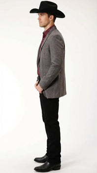 Men’s Charcoal Gray Western Faux Suede Blazer – Double Button Cowboy Jacket for Wedding & Party Wear
