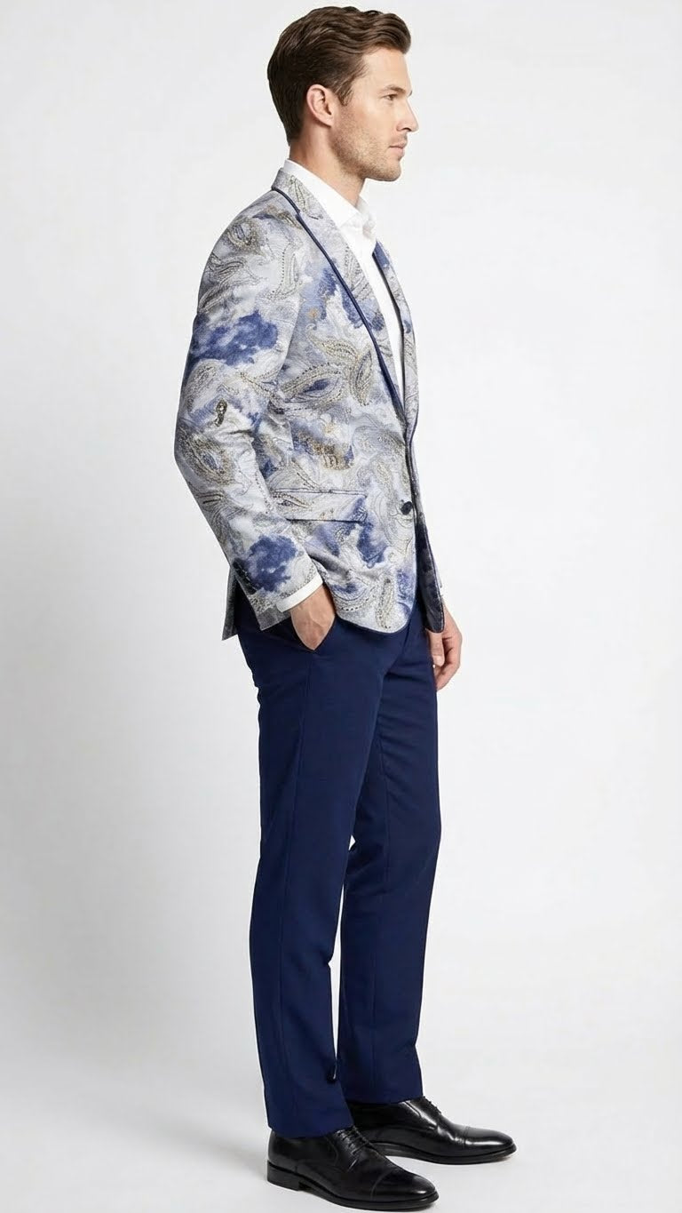 Men’s Navy Blue and Gray Paisley Print Blazer – Prom Jacket for Formal, Party, and Evening Wear