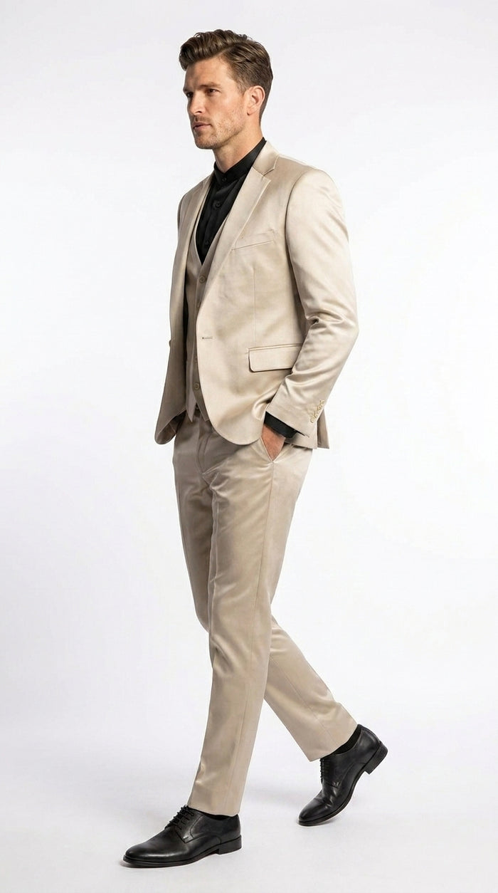 Mens 3-Piece Slim-Fit Shiny All Satin Suit Champagne