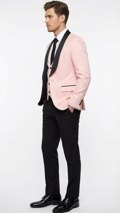 Men’s Blush Pink Tuxedo Suit Set with Black Shawl Lapel – 3 Piece Formal Wedding and Party Prom Vest + Black Pants