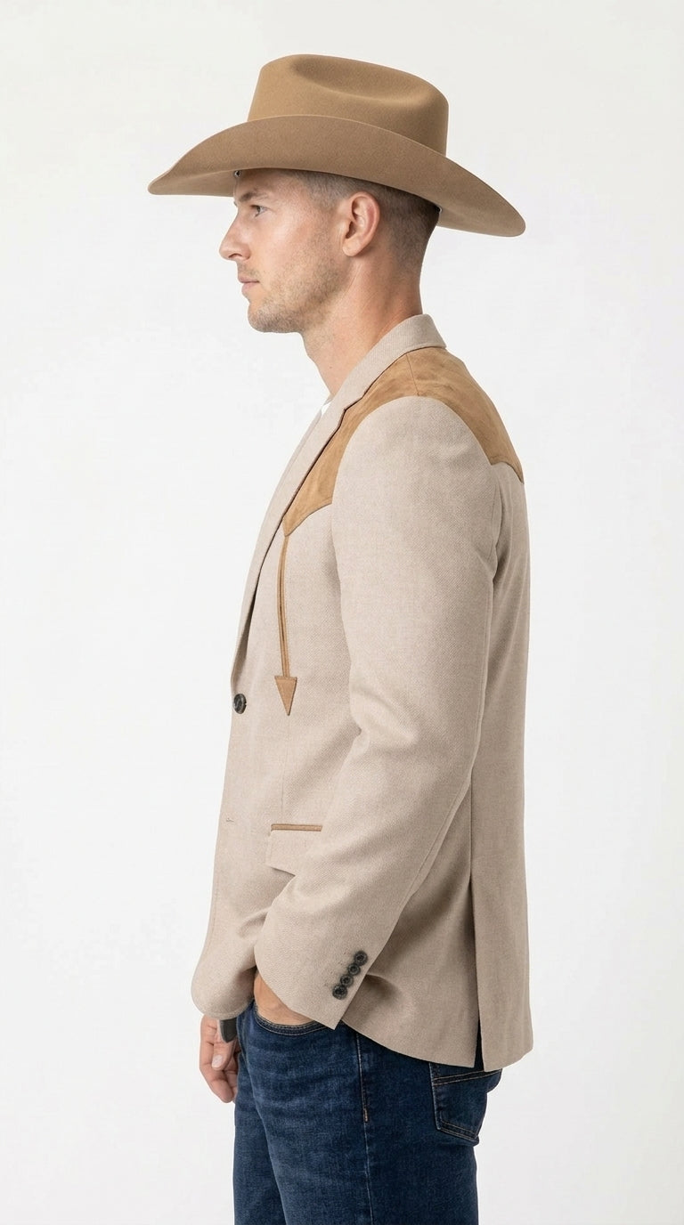 Men’s Khaki Western Blazer – Cowboy Sport Coat with Suede Yoke Detail