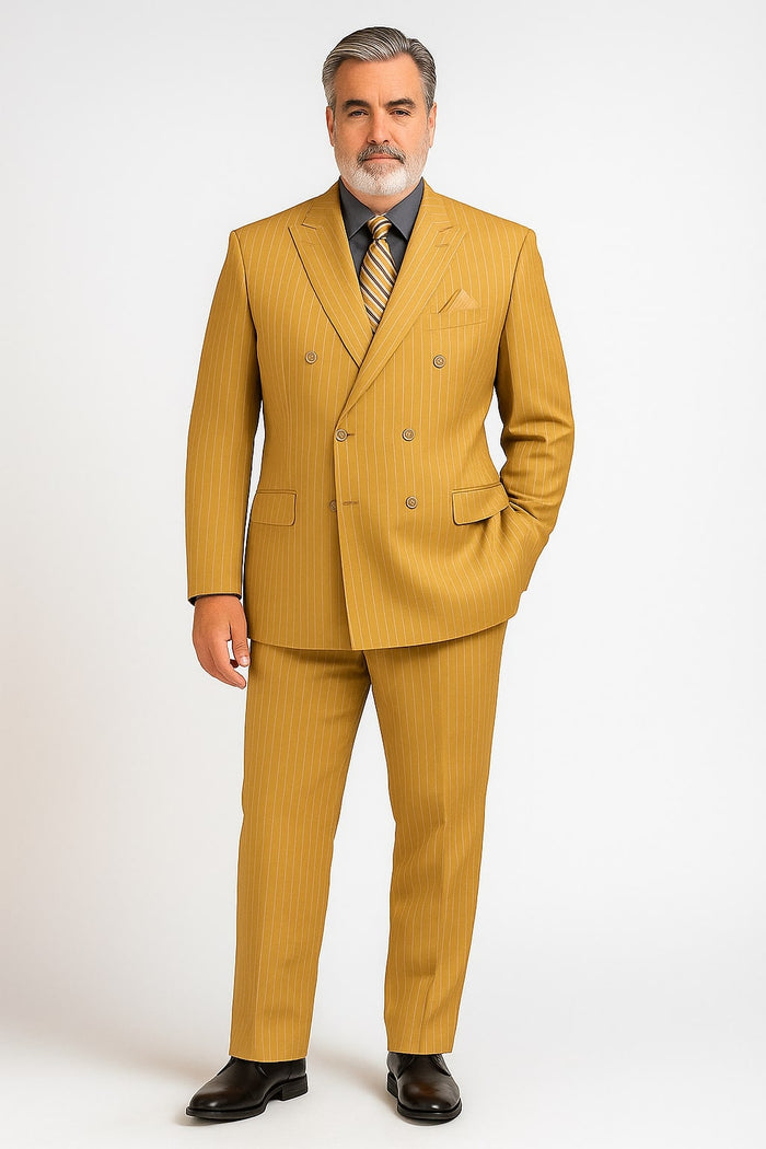 Mens Camel Tan Pinstripe Double-Breasted Suit – Bold 6-Button Modern Vintage Style - Image 3