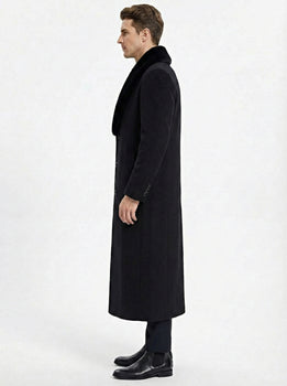 Men’s Black Long Overcoat with Faux Fur Collar, Full Length Winter Topcoat for Formal and Business Wear