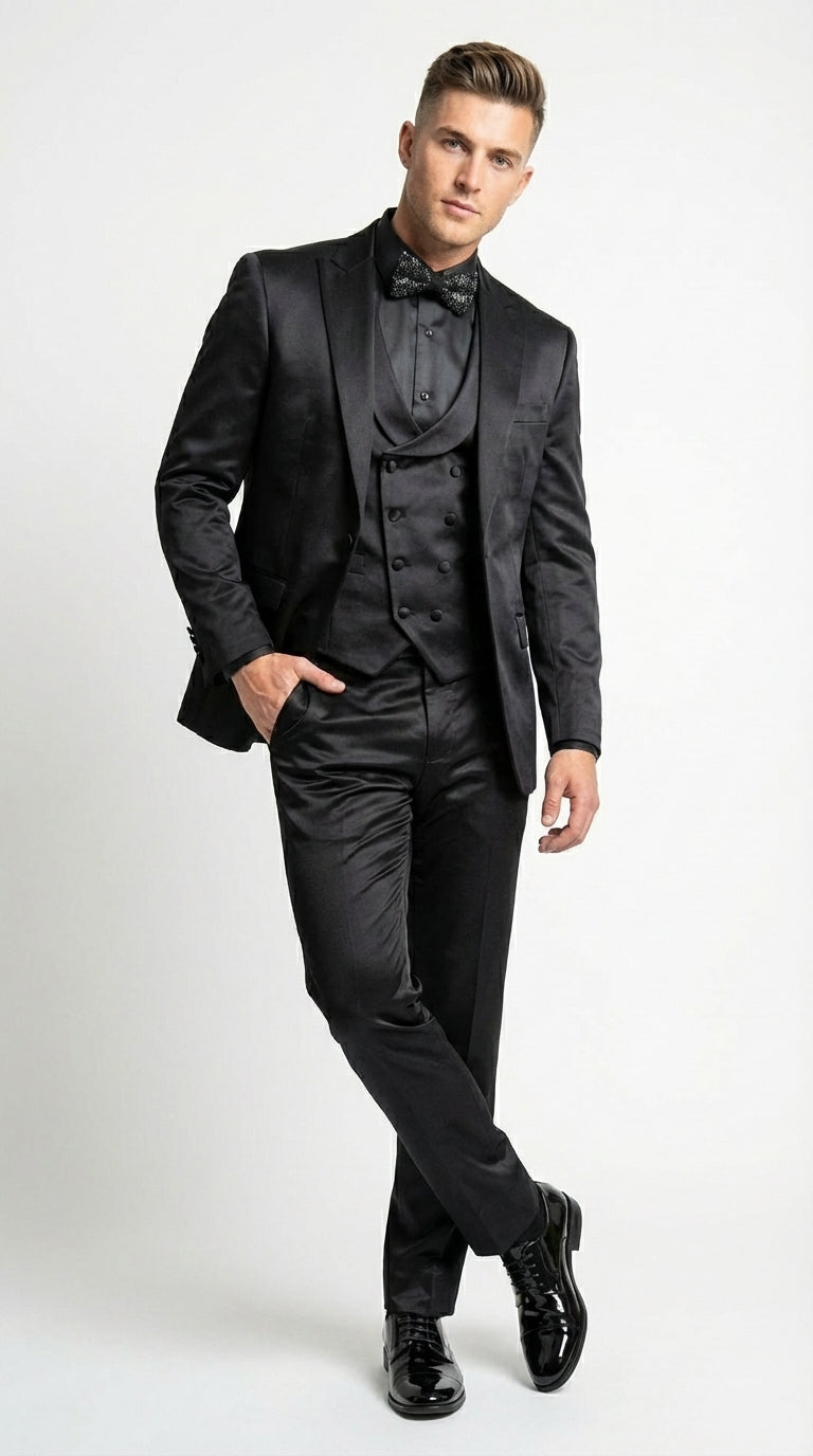 Men’s All Shiny Black Satin Suit – Black Satin Tuxedo Suit for Prom, Wedding, Formal Party and Evening Events Double breasted Vest