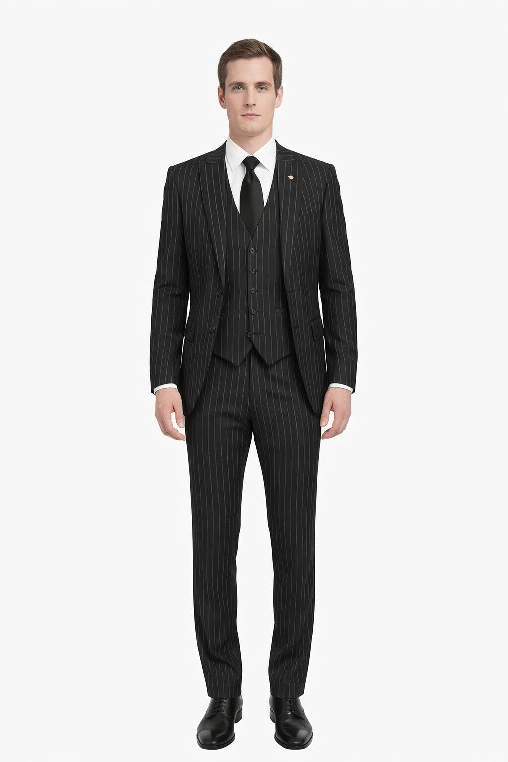 3 Piece Gangster Stripe Mars Vested Fashion Suit Black