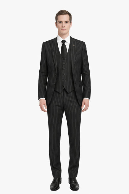 3 Piece Gangster Stripe Mars Vested Fashion Suit Black
