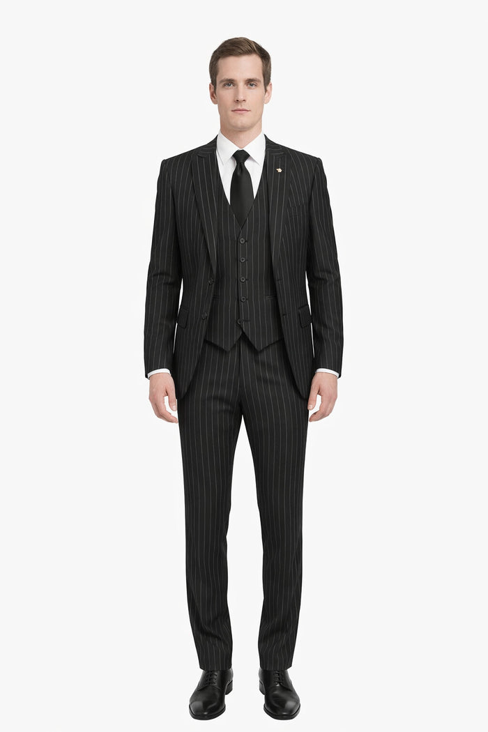 3 Piece Gangster Stripe Mars Vested Fashion Suit Black