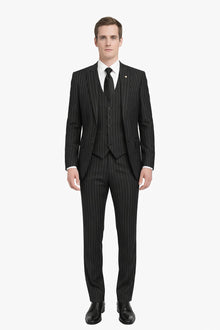 3 Piece Gangster Stripe Mars Vested Fashion Suit Black
