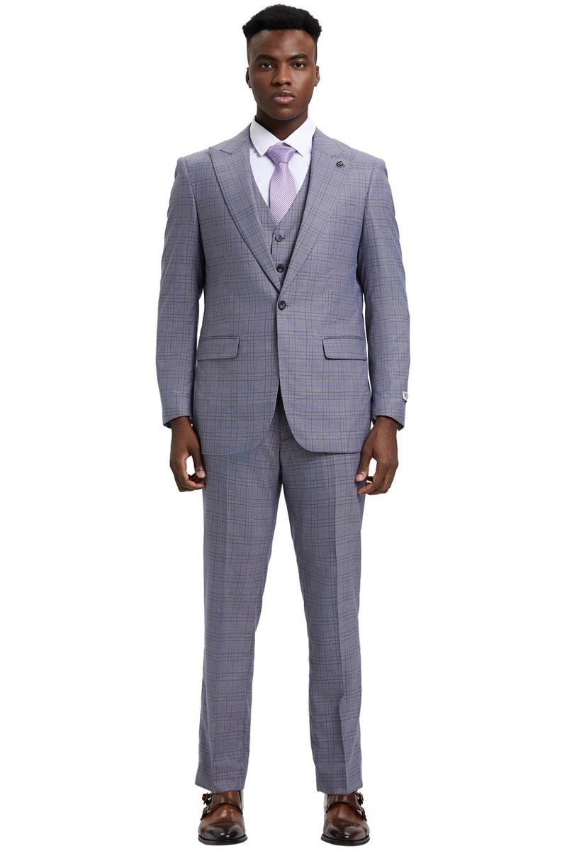 Men's Stacy Adams Vested One Button Wide Peak Lapel Windowpane Plaid Suit in Light Grey - Image 2