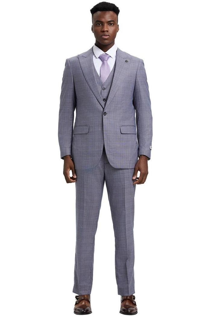 Men's Stacy Adams Vested One Button Wide Peak Lapel Windowpane Plaid Suit in Light Grey - Image 2