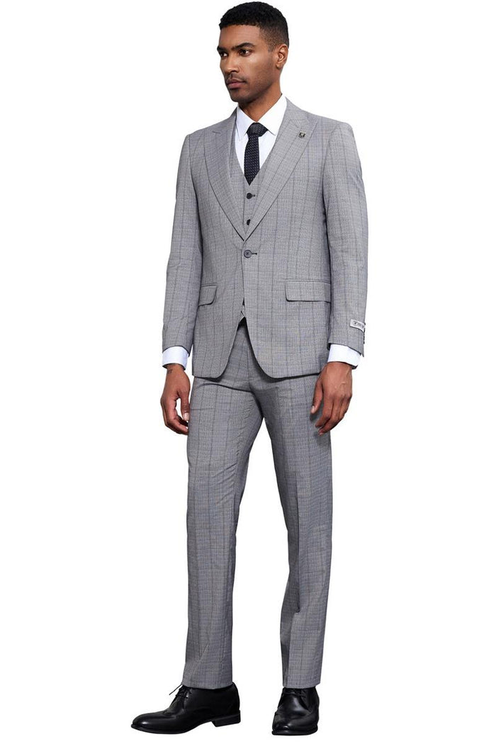 Men's Stacy Adams Modern Fit Vested Tonal Windowpane Plaid Suit in Light Grey - Image 2