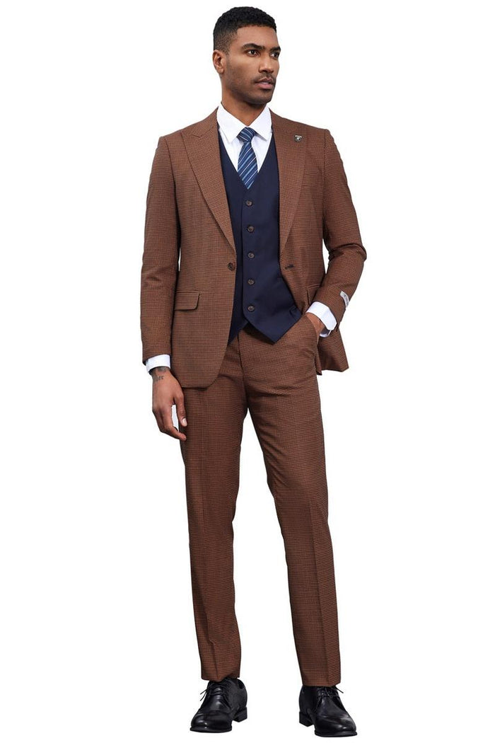 Men's Stacy Adams One Button Peak Lapel Vested Micro Check in Cognac Brown with a Navy Vest - Image 3