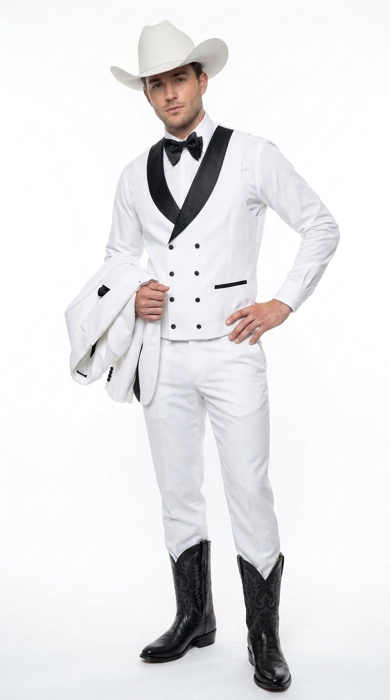 Men’s White and Black Western Wedding Tuxedo – Cowboy Style 3-Piece Traje para Boda with Double-Breasted Vest