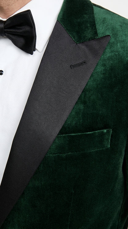 Men’s Olive Green Velvet Tuxedo Dinner Jacket – Black Satin Peak Lapel Formal Prom Wedding Blazer