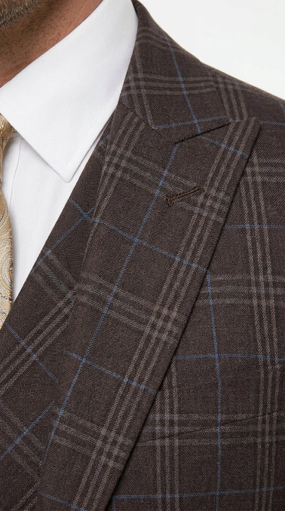 Men’s Vitali 3PC Suit – Choclate Brown and blue Plaid Check 3-Piece Suit with Double-Breasted Vest Modern Fit Side Vented