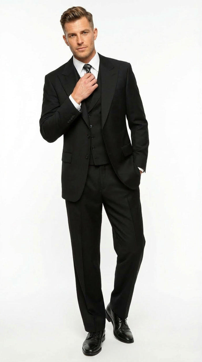 Tiglio Mens Black 3 Piece Suit – Single Button Classic Fit Pleated Wide Leg Pants Formal Business Chruch Suit - 100% Wool