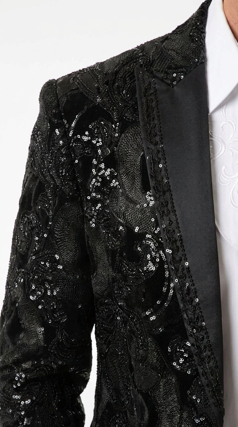 Men’s Black Sequin Western Blazer – Embroidered Cowboy Tuxedo Jacket with Rhinestone Lapels