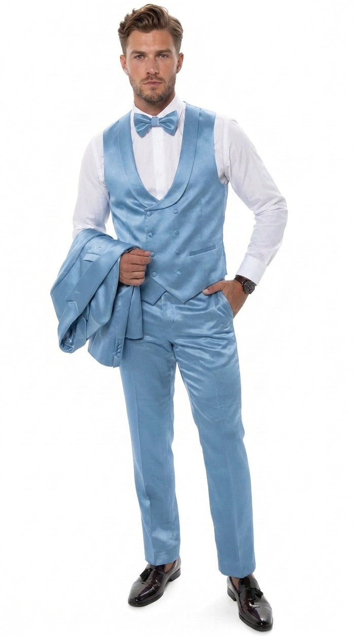 Men’s Powder Blue Satin Tuxedo – Light Blue Wedding & Prom Tuxedo Suit