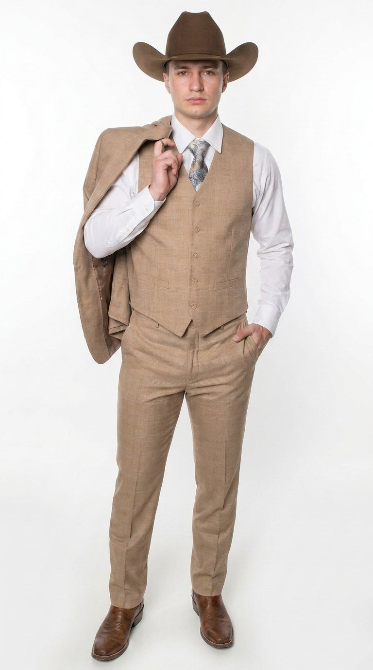 Men’s Khaki Tan Plaid Western Cowboy 3-Piece Suit – Texture Plaid windowpane Blazer, Vest & Pants