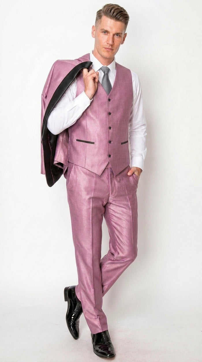 Men’s Shiny Mauve Pink 3 Piece Tuxedo – Wedding & Prom Suit with Black Shawl Lapel