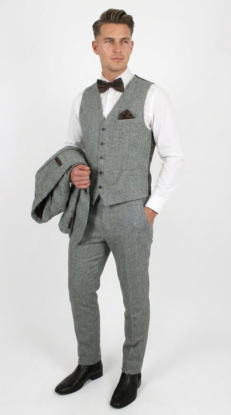 Men’s Edwardian Grey 3-Piece Suit – Dickens Downton Abbey Victorian Vintage Tweed Suit