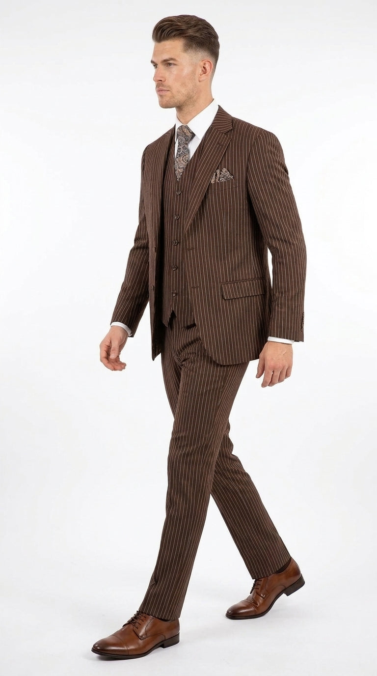 Men’s Brown Pinstripe Edwardian 3 Piece Suit – Vintage Victorian Wedding Suit with Vest