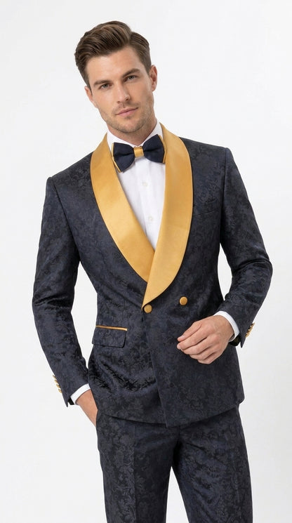 Men’s Black and Gold Hollywood Tuxedo – Double-Breasted Shawl Lapel Prom, Wedding and Formal Suit