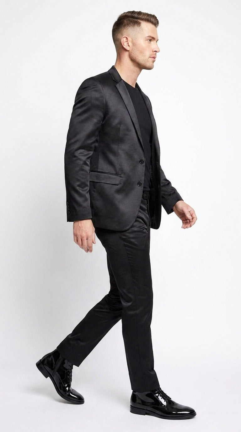 Men’s Black Shiny Sharkskin 2 Piece Suit, Formal Wedding Prom Party Dress Suit  Modern Fit