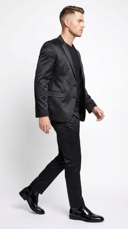 Men’s Black Shiny Sharkskin 2 Piece Suit, Formal Wedding Prom Party Dress Suit  Modern Fit