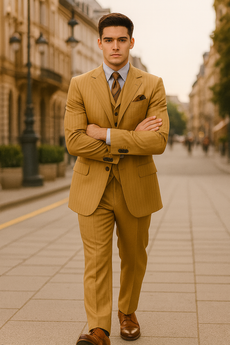 Mens 4 Buttons Semi Wide Leg Shiny Tonal Stripe Fashion Suits in Gold