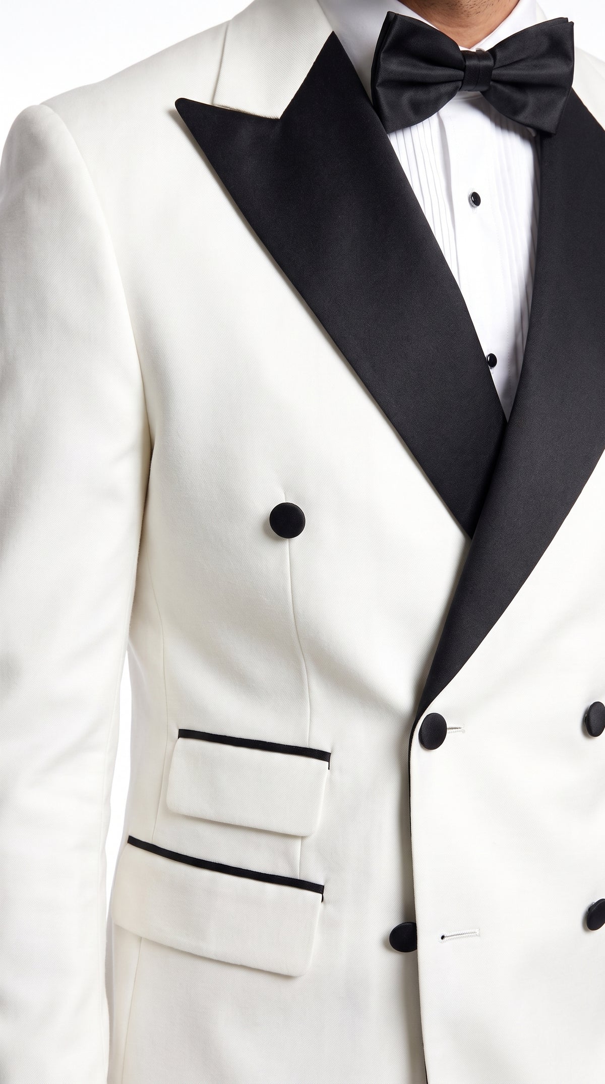 Men’s Vintage Hollywood WHITE/BLACK Double-Breasted Tuxedo – Black Peak Lapel Wedding and Formal Suit