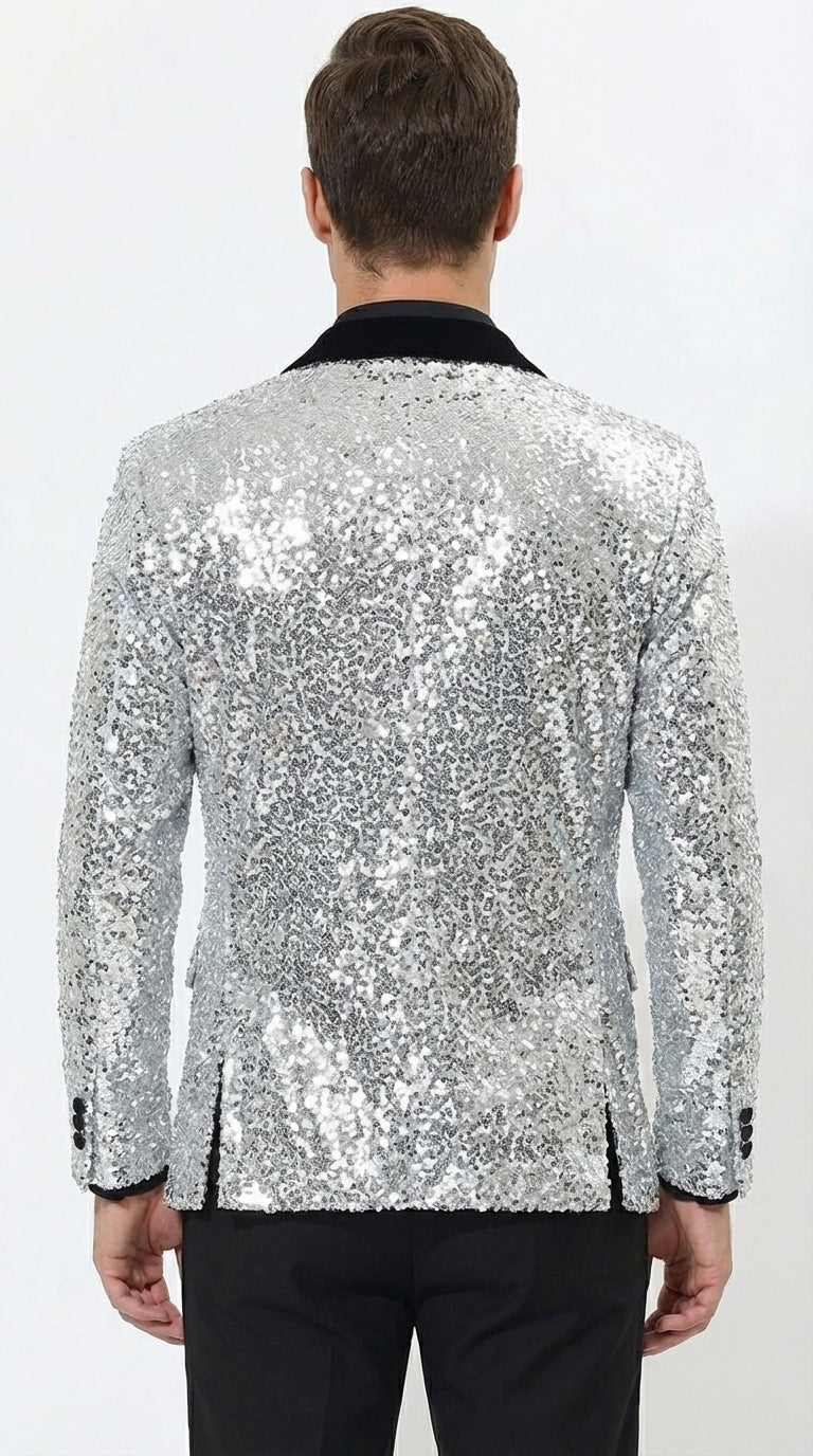Men’s Silver Sequin Blazer Disco Style Jacket – Black Lapel Party Blazer, Shiny Evening Wear, 70s Dance Outfit, Formal Event Jacket