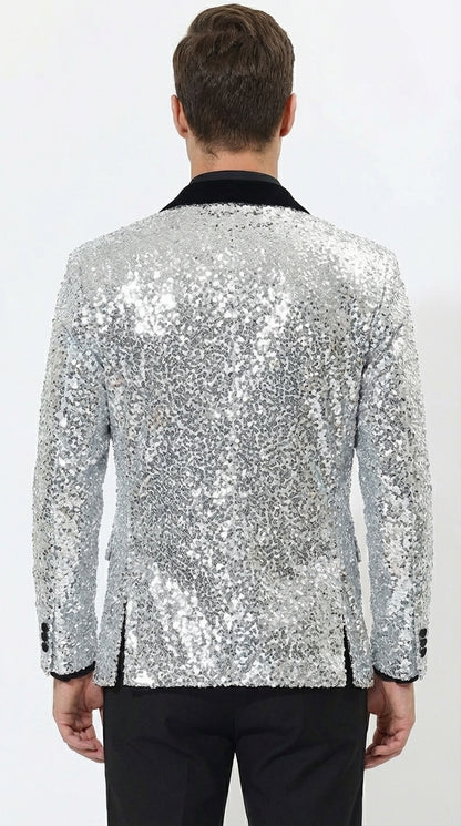 Men’s Silver Sequin Blazer Disco Style Jacket – Black Lapel Party Blazer, Shiny Evening Wear, 70s Dance Outfit, Formal Event Jacket