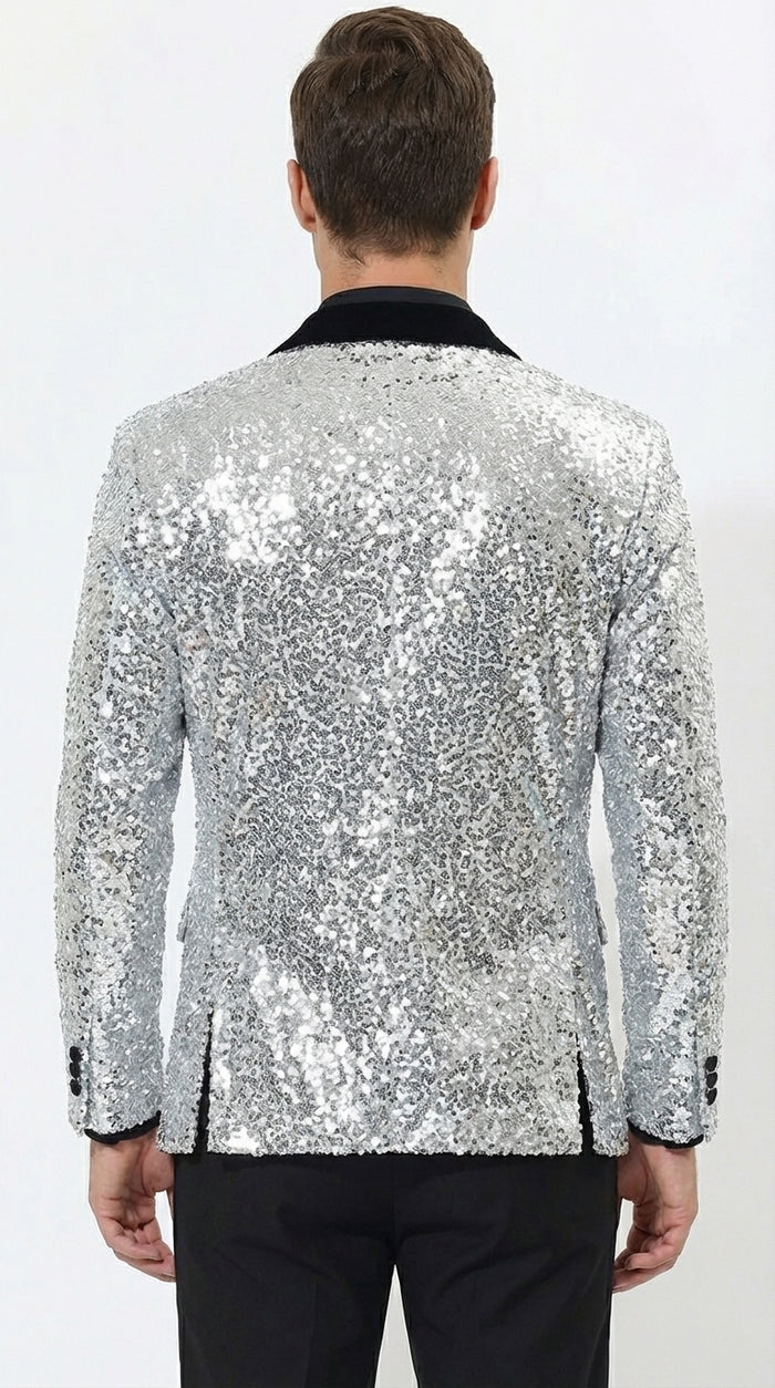 Men’s Silver Sequin Blazer Disco Style Jacket – Black Lapel Party Blazer, Shiny Evening Wear, 70s Dance Outfit, Formal Event Jacket