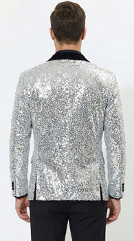 Men’s Silver Sequin Blazer Disco Style Jacket – Black Lapel Party Blazer, Shiny Evening Wear, 70s Dance Outfit, Formal Event Jacket