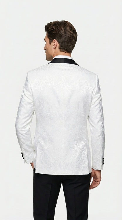 Men’s White Dinner Jacket Disco Blazer 1980s Sequin Style Jacket – Black Lapel Party Blazer, Formal Masquerade Club Wear Paisley Fabric + Bowtie