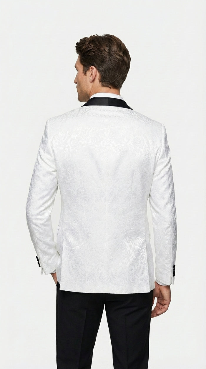 Men’s White Dinner Jacket Disco Blazer 1980s Sequin Style Jacket – Black Lapel Party Blazer, Formal Masquerade Club Wear Paisley Fabric + Bowtie