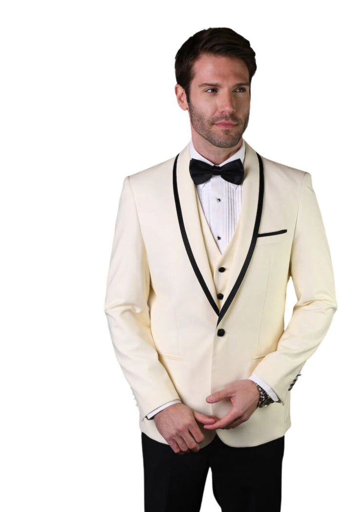 3-Piece Tailored Fit Wool Suit with Bow Tie and Flat Front Pants - Off White Modern Fit