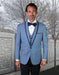 Mens Vested Wool Tuxedo in Shawl Lapel with Satin Trim in Steel Blue & Black