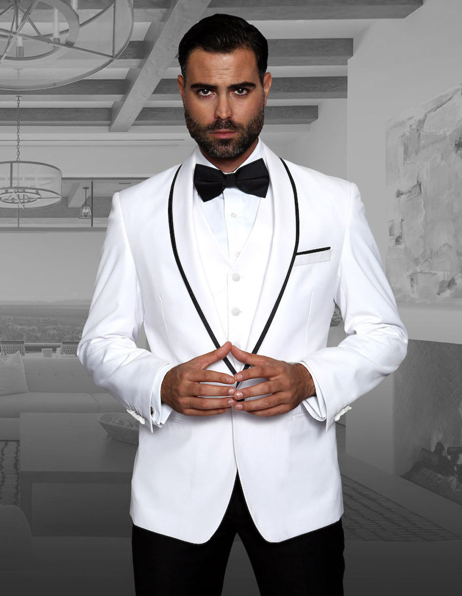 Mens Vested Wool Tuxedo in Shawl Lapel with Satin Trim in White & Blac ...