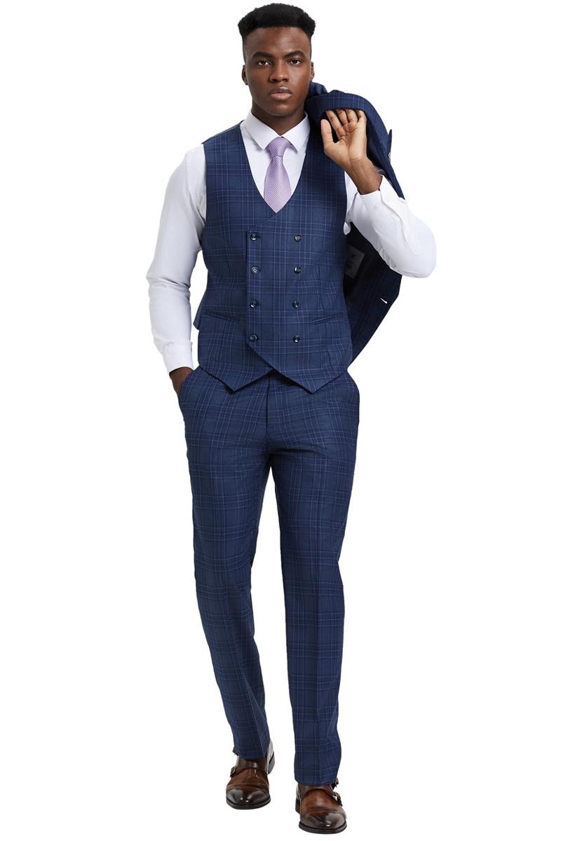 Men's Stacy Adams One Button Peak Lapel Double Breasted Vest Suit in Blue & Purple Plaid - Image 4