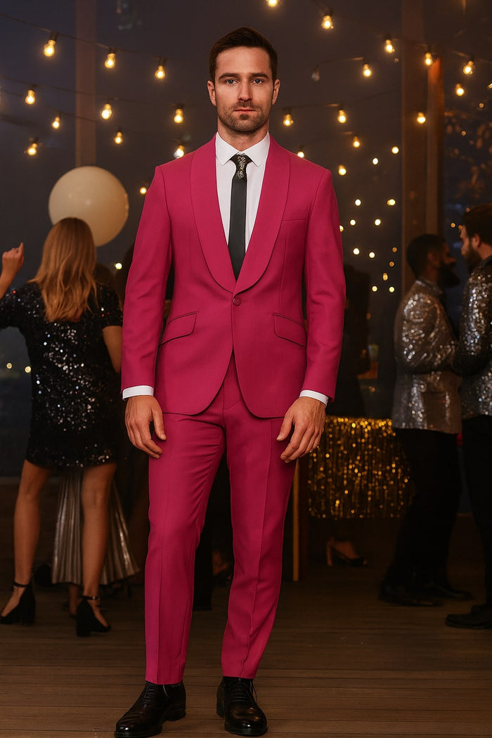 Mens Hot Pink Tuxedo Dinner Jacket + Pants with Shawl Lapel – Slim Fit 2-Piece Suit for Weddings, Proms Suit in Fuchsia Colors - Image 4
