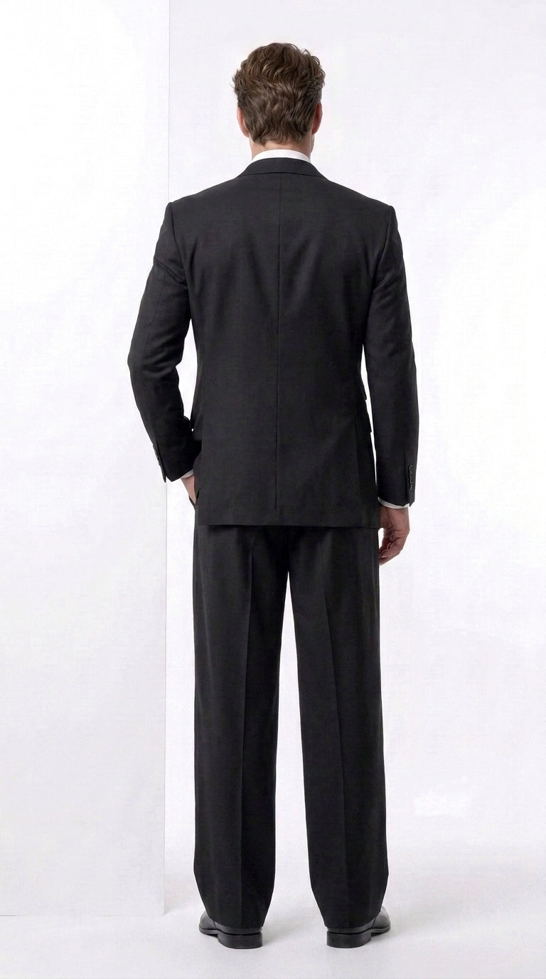 Tiglio Rosso Men’s Black Super 150’s Italian Wool 3-Piece Suit – Double-Breasted Jacket, Vest and Wide-Leg Pleated Pants