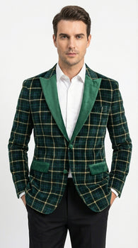 Mens Tartan Green and Gold Check Blazer – Windowpane Plaid Sport Coat Velvet Lapel Plaid Christmas Holiday New Year Jacket