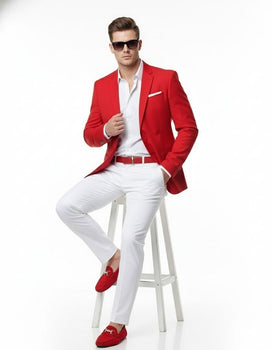 Mens Red Blazer and White Pants Set – Stylish Casual Dress Outfit For New Year Holiday and Christmas Suit