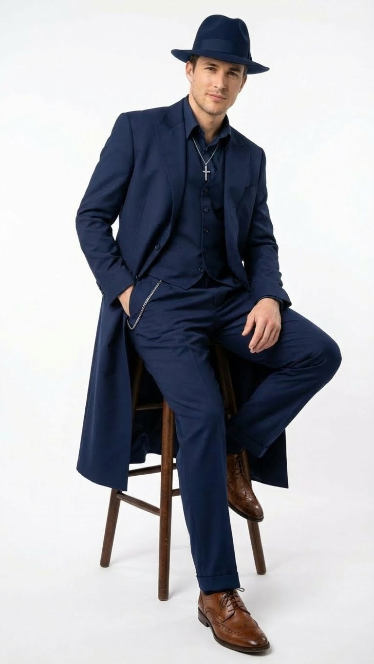 Mens Navy Blue 1920s Zoot Suit – Long Mafia Gangster Three-Piece Vintage Costume Set Suit Pachuco Style